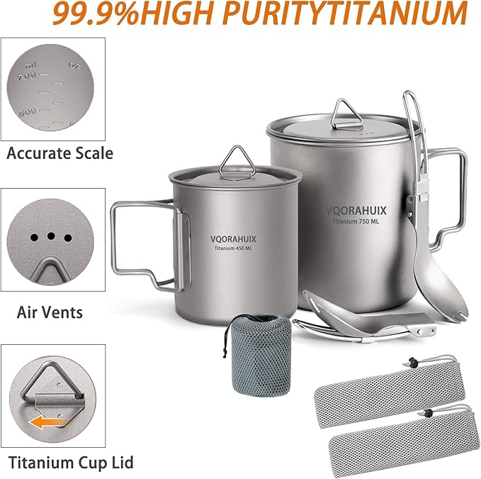 Titanium Mug Camping Pot Titanium Cup 420ml & 750ml Titanium Pot with Lid, Spork, Bag Lightweight Titanium Camping Pot for Backpacking Hiking Picnic and Traveling
