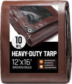 12 x 16 FT Waterproof Heavy Duty Tarp, 10 Mil Thick, Outdoor Furniture Covers, Plastic Insulated Tarpaulin for Camping Tent Roof Boat Patio Pool Cover, Large & Small Multi-Size Tarps, Brown/Black