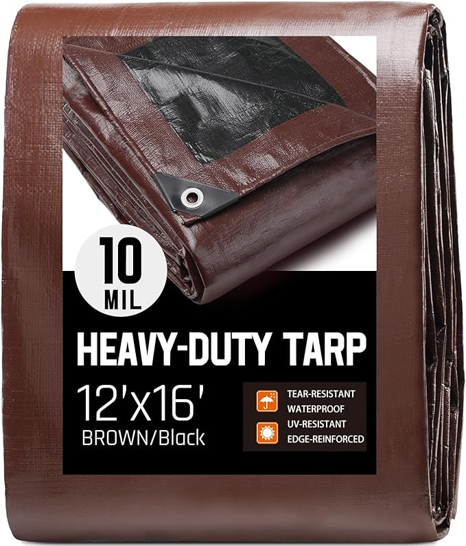 12 x 16 FT Waterproof Heavy Duty Tarp, 10 Mil Thick, Outdoor Furniture Covers, Plastic Insulated Tarpaulin for Camping Tent Roof Boat Patio Pool Cover, Large & Small Multi-Size Tarps, Brown/Black