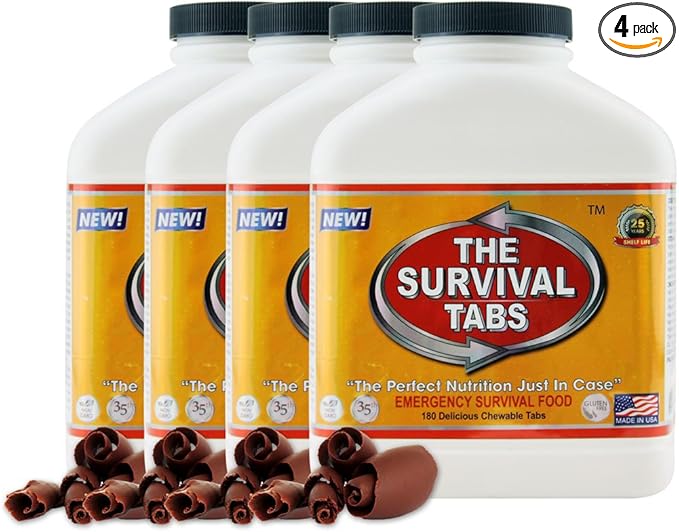 Survival Tabs - 60 day Survival Food Supply - Gluten Free and Non-GMO 25 Years Shelf Life (4 x 180 tabs/Bottle - Chocolate)
