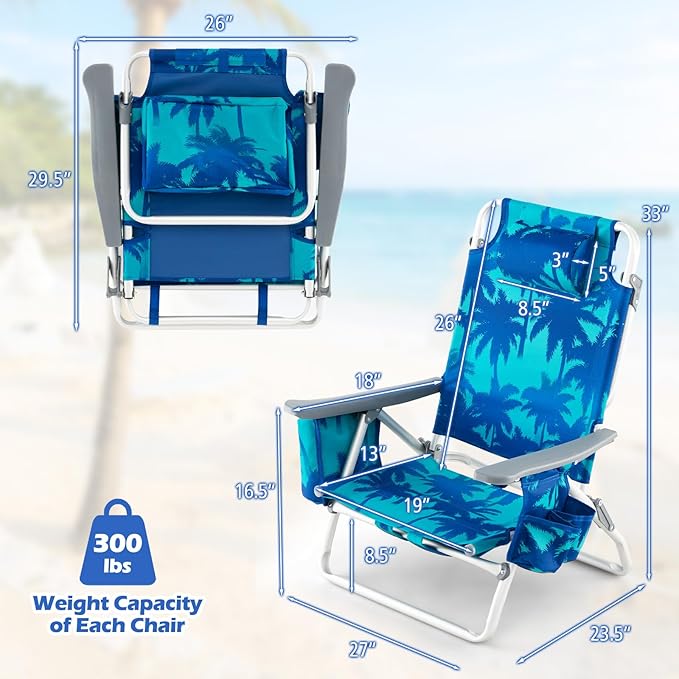 Goplus Beach Chair, Folding Backpack Beach Chairs for Adults with 5 Positions, Head Pillow, Cooler Bag, Towel Bar, Cup Holders, Sunbath Sling Tanning Lounge, Foldable Layout Camping Chairs