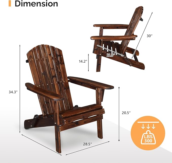VINGLI Folding Adirondack Chair Set of 6, Wood Adirondack Chairs for Outdoor, Foldable Fire Pit Chairs for Patio, BBQ, Porch, Yard, Pool, Carbonized