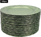 100 Pcs 13 Inch Green Charger Plates, Bulk PP Wedding Chargers with Floral Reef Design Decorative Round Ruffled Rim Dinner Plates for Wedding Party Event Table Setting Decoration