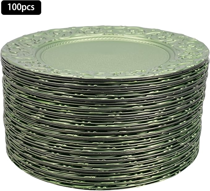 CNCEST 100 PCS Antique Charger Plates Bulk 13'' Plastic Embossed Dinner Plate Chargers Round Floral Plates for Wedding Decorative Chargers for Table Dinner Kitchen Party Decoration (Green)
