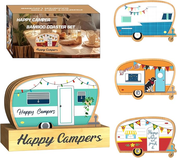 4Pcs RV Camper Coasters Set, Camper Decor, Bamboo Coasters Set Suitable for Kinds of Cups, Modern Style Coasters for Coffee Table, Camping Gifts for Camper Lovers Women Men