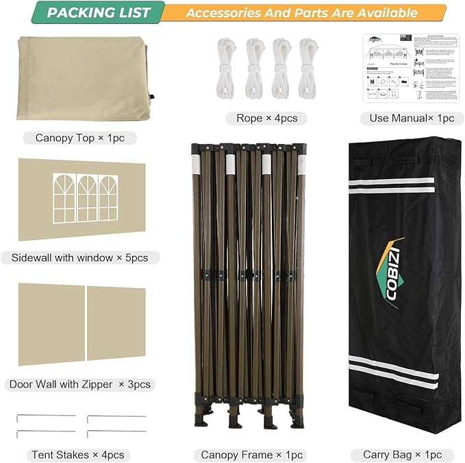 COBIZI Heavy Duty 10x30 Party Tent, Commercial 10x30 pop up Canopy for Parties Waterproof Gazebos with 8 Sidewalls, All Season Wind & Waterproof UPF50+,Stable Thickened Frame, Khaki
