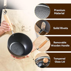 WANGYUANJI 1.5QT Iron Saucepan with Lid, Hammered Milk Pot for Boiling Ramen, Removable Wood Handle for Camping & Storage, Non-Coated Small Cookware for Single Serving, Induction Compatible