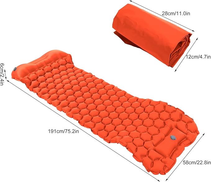 Camping Sleeping Pad Mat | 40D Nylon Fabric & TPU Laminate | Inflatable Cushion Mattress for Tent/Hiking/Travel | 2 - Way Valve, 700g Lightweight (Orange)