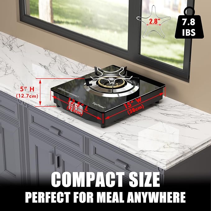 1 Burner Propane Stove 13,600 BTU High-Efficiency Tempered Glass Auto-Ignition Gas Burner Stove Top with CSA Hose for Outdoor RV Camping Emergency Cooking
