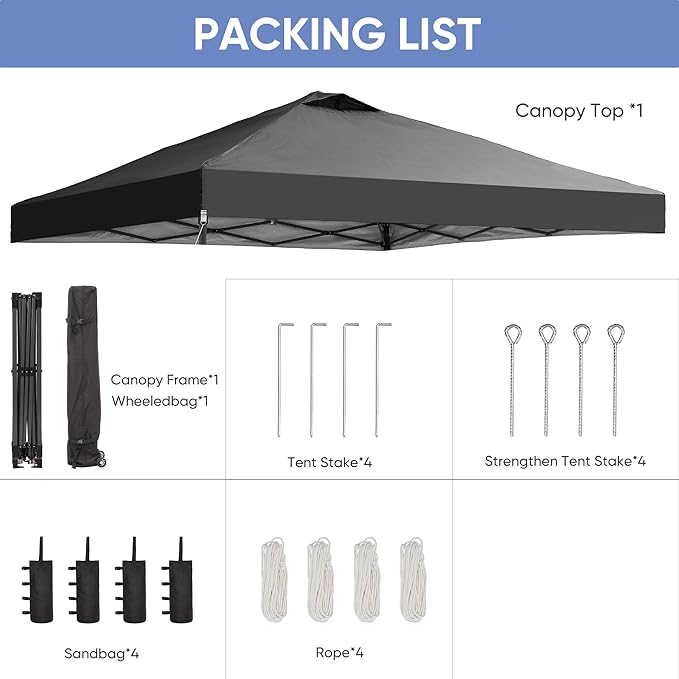 GDY 12x12 Pop Up Canopy Patio Carpas, One Push Set up with Central Lock Canopy with Wheeled Carry Bag, Included 4 Sandbaogs,8 Stakes and 4 Ropes, Black