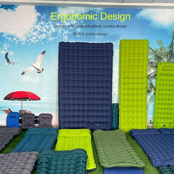 Ergonomic Inflating Sleeping Pad with Built in Pump, Nylon Material, and Storage Bag for Office, Camping, and Outdoor Use (Navy Blue)
