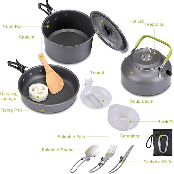 Camping Cookware Kit, Non-Stick Lightweight Pots Pan Set, Picnic Tableware Tools for Camping, Backpacking, Outdoor Cooking (Color : Black)