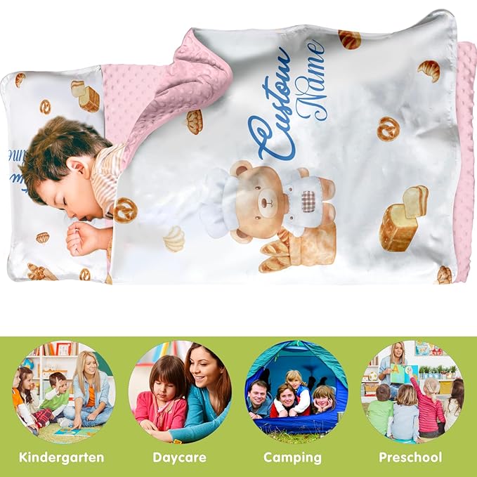 Custom Toddler Nap Mat for Preschool, Personalized Name Kids Sleeping Bag with Bear Parrern for Daycare, Roll Up Sleeping Mat with Removable Pillow and Soft Dot Minky Blanke for Girls Camping