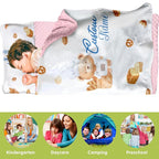 Custom Toddler Nap Mat for Preschool, Personalized Name Kids Sleeping Bag with Bear Parrern for Daycare, Roll Up Sleeping Mat with Removable Pillow and Soft Dot Minky Blanke for Girls Camping