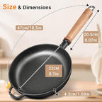 8.7" Cast Iron Skillet with Lid & Removable Wooden Handle, Pre-Seasoned Frying Pan for Stove, Oven, Grill & Campfire Cooking
