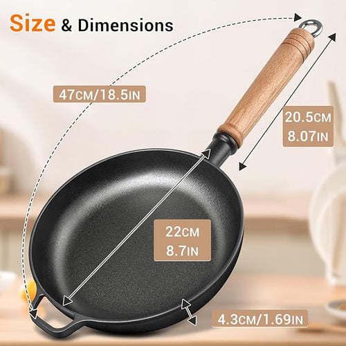 8.7" Cast Iron Skillet with Lid & Removable Wooden Handle, Pre-Seasoned Frying Pan for Stove, Oven, Grill & Campfire Cooking