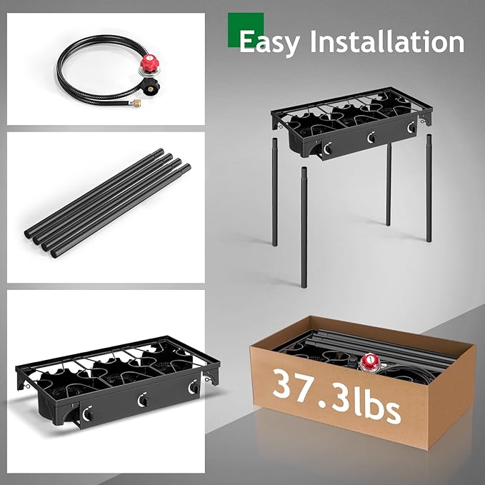 Outvita 3 Burner Propane Gas Stove for Outdoor Cooking, 225,000 BTU Camping Cooker with Removable Legs, Temperature Control Knobs for Backyard Cooking, BBQ, Baking and Frying