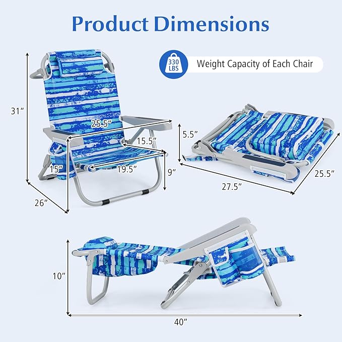 GYMAX Beach Chair, 330lbs Backpack Lounger with 5-Position Backrest, Storage Bag, Side Pocket, Towel Bar & Headrest, Foldable Low Beach Lounge, Portable Aluminum Lay Out Camp Chair (Blue Stripe,2)