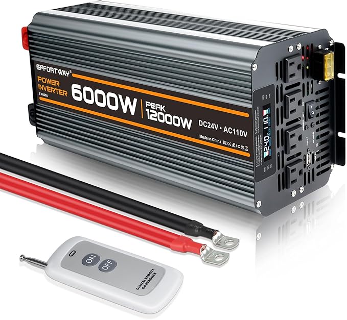 Power Inverter DC 24V to AC 110V/120V Converter with LCD Display Wireless Controller, Cable Pair,AC outlets USB.RV Travel,Suitable for Camping,and Off-Grid Solar Systems (6000w-24v)