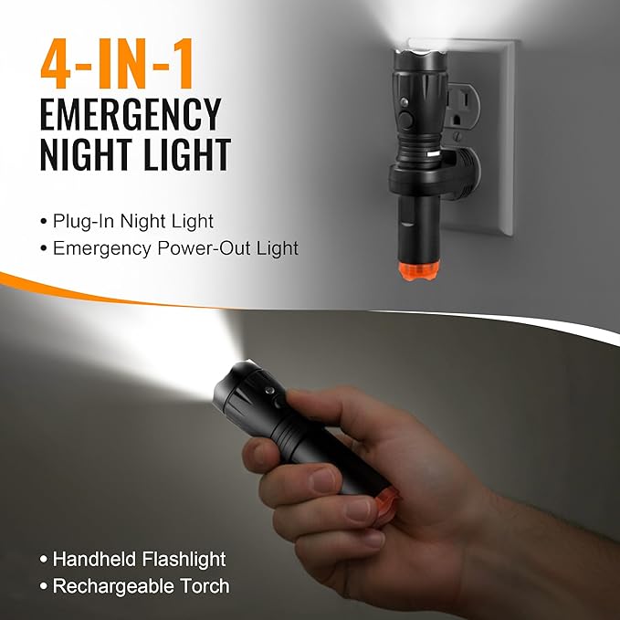 4 in 1 Plug in Emergency Flashlight Rechargeable LED Night Light with Motion Sensor for Power Outage Home Safety Portable Work Light Removable Torch for Camping and Indoor Use (4 Pack)