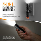 4 in 1 Plug in Emergency Flashlight Rechargeable LED Night Light with Motion Sensor for Power Outage Home Safety Portable Work Light Removable Torch for Camping and Indoor Use (4 Pack)