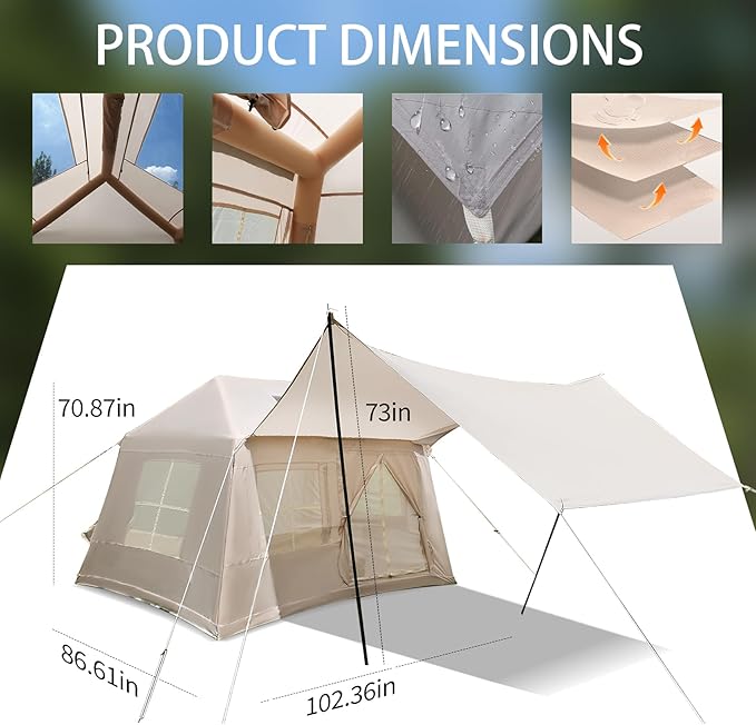 Inflatable Tent, 4-6 Person Luxury Camping Tents, Detachable Rainfly Sky-View Roof, Sturdy Oxford Fabric Cabin for Hiking, Quick Inflate Hot Thermal Outdoor House,Beige