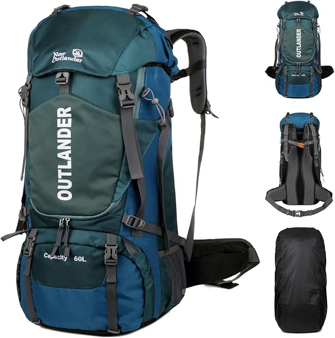 Hiking Backpack Camping Light Travel Backpack for Men Women with Shoe Compartment Rain Cover Can Hang Water Bag Green Blue Black Optional for Hiking Camping Traveling 60L Capacity