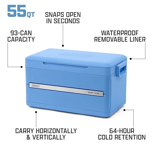 Coleman Snap N Go 55qt Collapsible Hard Cooler, Keeps ice Cold for up to 64 Hours, Holds up to 93 cans, Collapses up to 1/3 its Size, Can Hold up to 200 pounds, Blue Sky