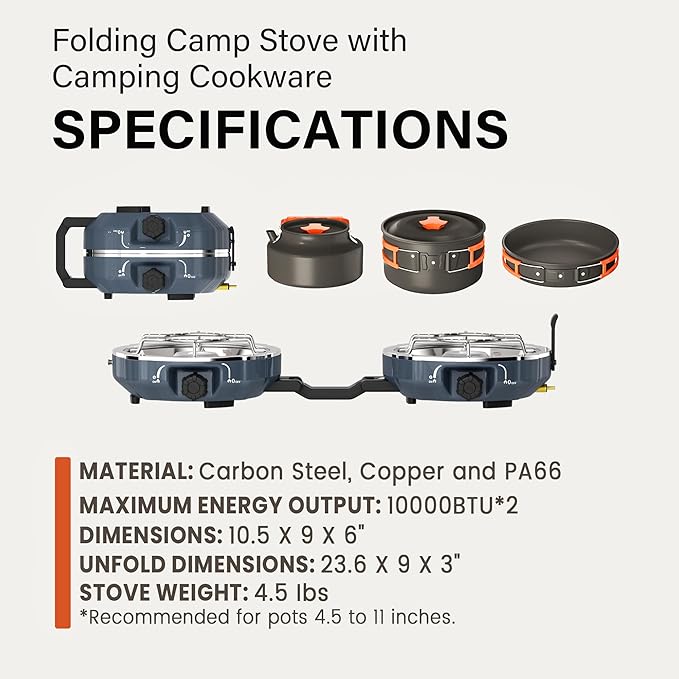 20,000 BTUs Propane 2 Burner Camping Stove Kit with Camping Cookware Overland Grey