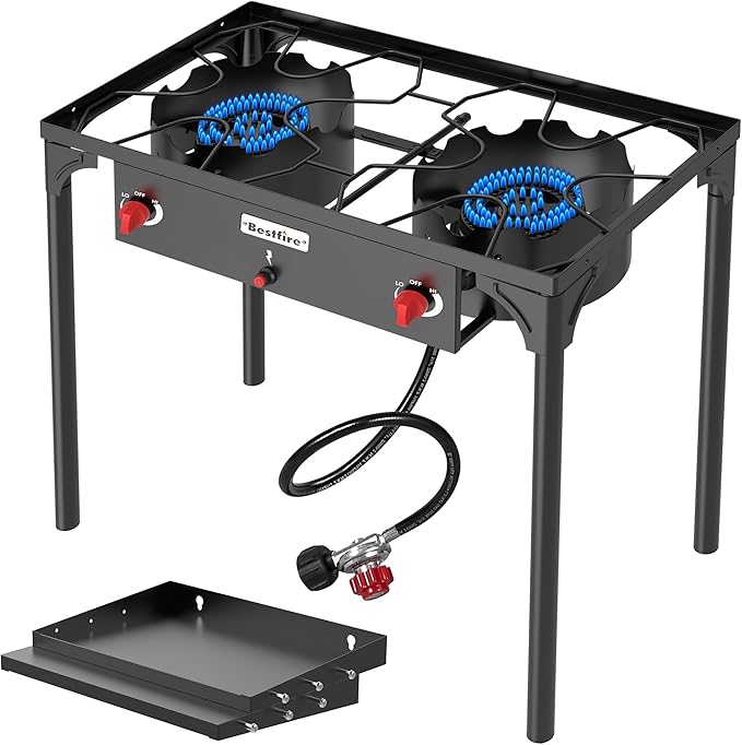 BESTFIRE 2 Burner Camping Stove,150,000 BTU High Pressure Outdoor Propane,4ft 20 PSI Adjustable Regulator Hose With Removable Legs for Backyard Cooking Camping Home