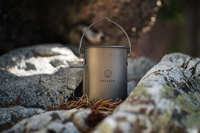 Valtcan 900ml Titanium Pot Boil Cook & Drink From One Pot, 134g Ultralight, Thicker Gauge Grade 1 Ti, Aligned Bail Handle, Nests 32oz Nalgene, Lid with Steam Holes, Campfire & Stove, Mesh Bag