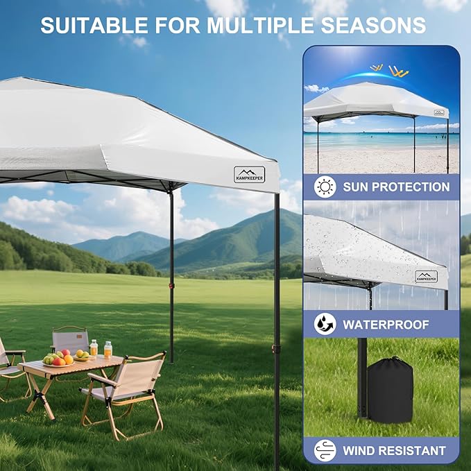 KAMPKEEPER 12x12 Pop Up Canopy Tent,Heavy Duty Outdoor Sun Shade for Events,Camping,Parties - Polygonal Patio Gazebo with Wheeled Bag,4 sandbags(White)