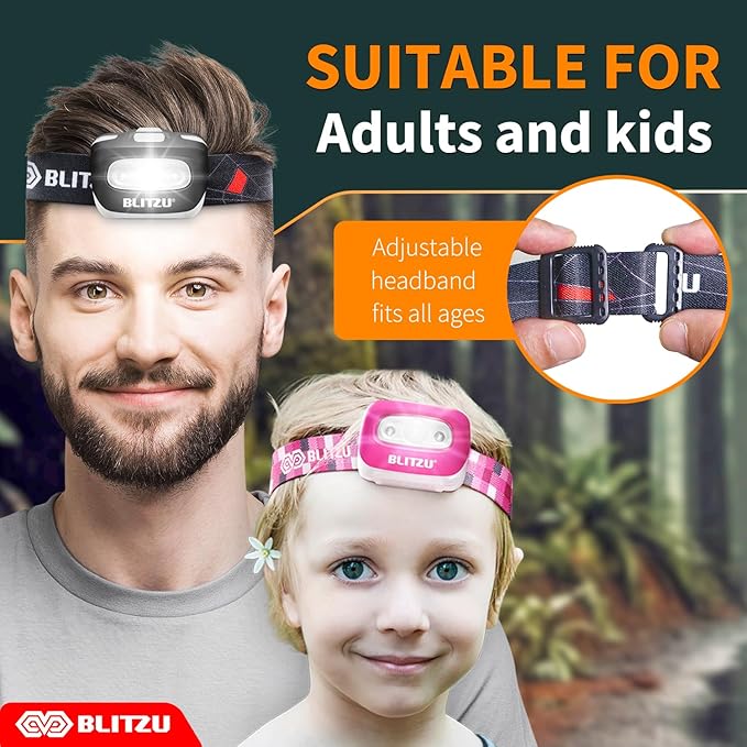 BLITZU Hands-Free Headlamp, Blue, 165 Lumen, Adjustable Light Modes, Battery Powered, Waterproof, Impact Resistant