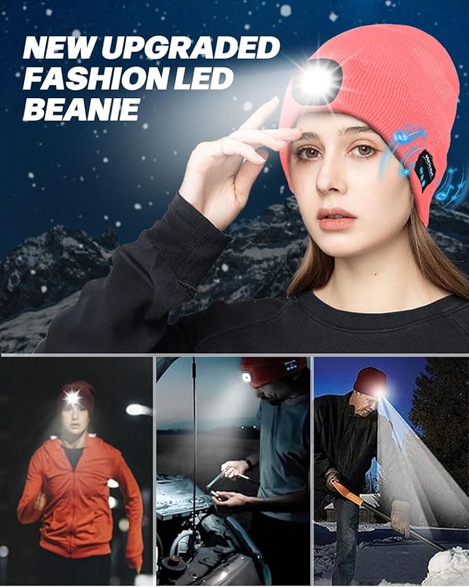 Bluetooth Beanie with Light, USB Rechargeable LED Headlamp Winter Hat, Men Women Valentine's Day Gifts