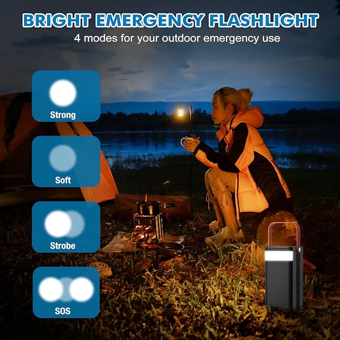 Portable Power Station 166Wh, 22.5W Fast Charging Power Bank with Built-in Cables for iPhone/Android/MacBook, 45000mAh Battery Solar Generator with LED Light for Camping & RV, Home, Travel