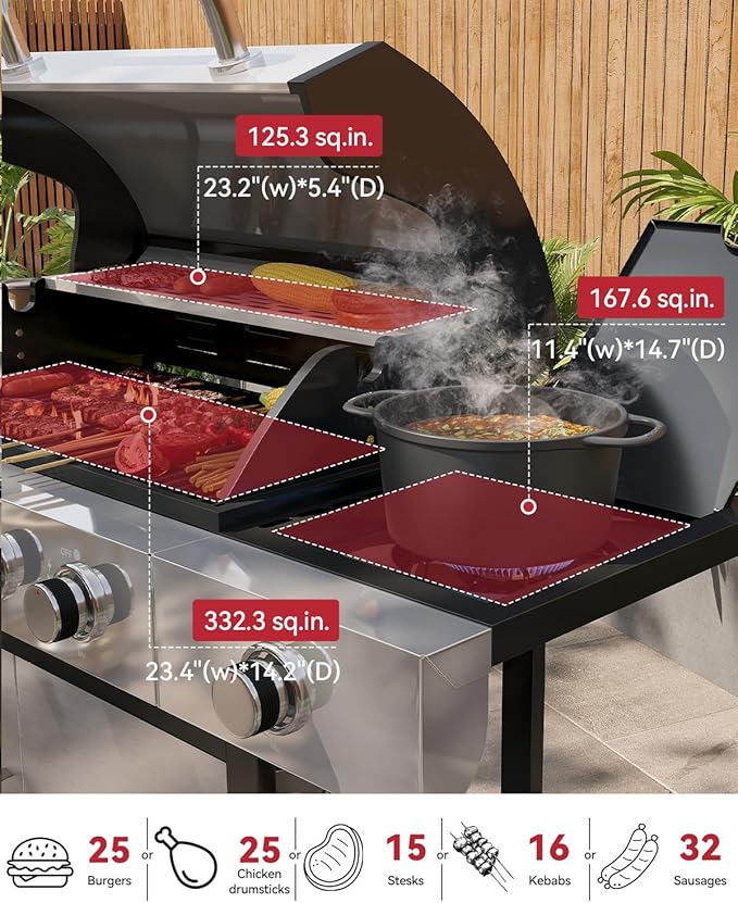 Aoxun 4-Burner Propane Grill with Side Burner, 49000 BTU Gas Grill, Stainless Steel Outdoor Grill with Cast Iron Grates & Side Tables for Backyard, Patio, Camping, Black and Silvery