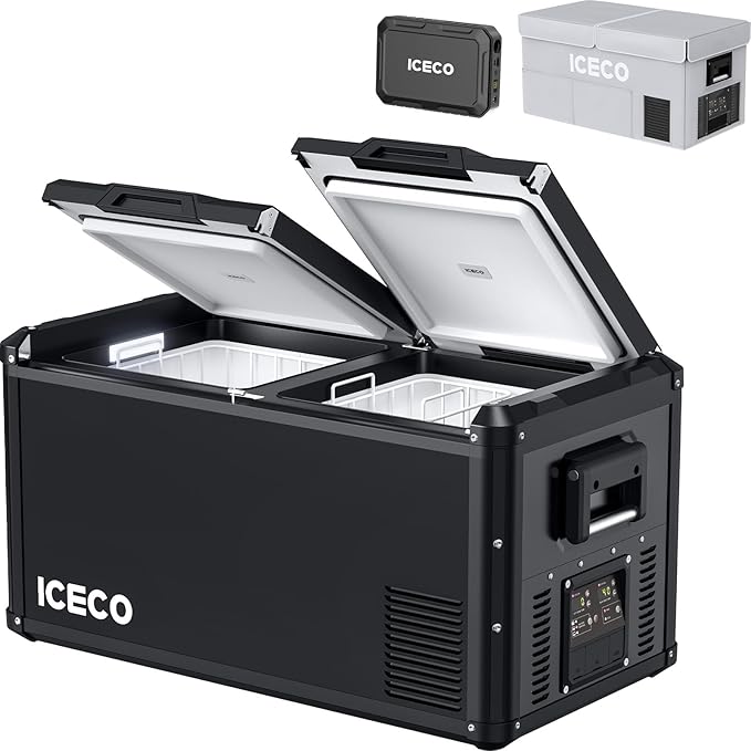 ICECO VL75ProD Dual Zone Fridge Freezer, 79Qt 12 Volt Refrigerator, Car Fridge Powered by SECOP, Portable Freezer with Reversible Lid, 0-50°F, AC/DC, For Car, Outdoor, Camping| With Battery+Cover