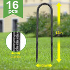 12 Inch 16 Pack Ground Anchors Heavy Duty Rebar Stakes Garden Stakes U Hook Galvanized Steel Ground Stakes Tent Stakes Trampoline Stakes, for Camping Tents Soccer Goals, Black