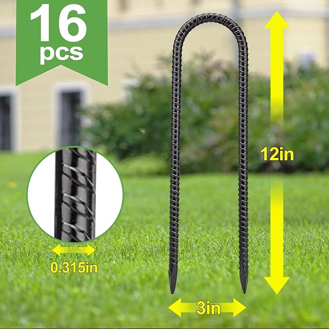 12 Inch 16 Pack Ground Anchors Heavy Duty Rebar Stakes Garden Stakes U Hook Galvanized Steel Ground Stakes Tent Stakes Trampoline Stakes, for Camping Tents Soccer Goals, Black
