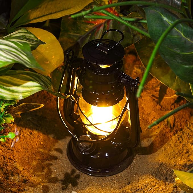 Hortsun 2 Pcs 8 Inch Vintage LED Hurricane Lantern Metal Black Outdoor Battery Operated Hanging Lantern with Warm LEDs and Dimmer Switch for Indoor Rustic Farmhouse Country Camping Decor