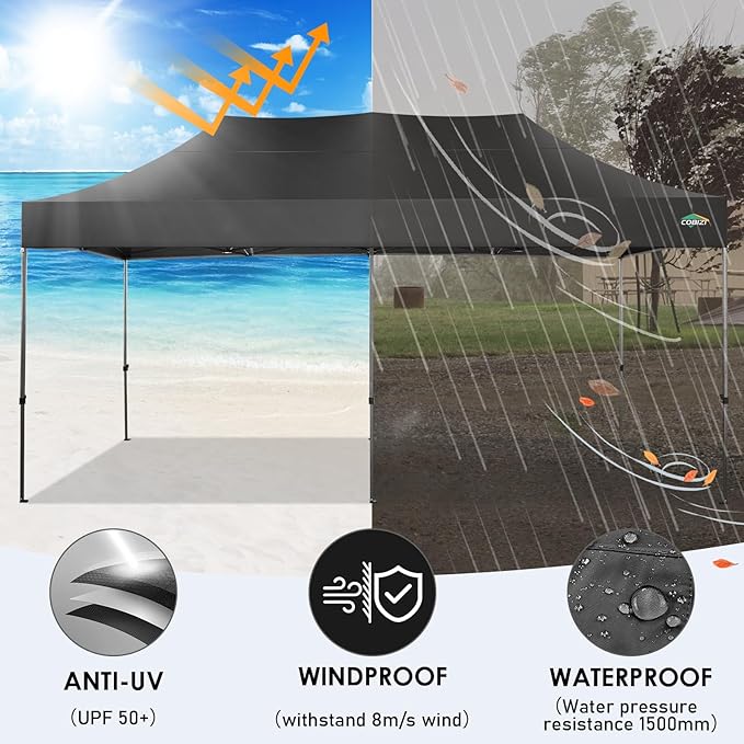 COBIZI 10x20 Heavy Duty Pop up Canopy Tent Without Sidewall Easy Up Commercial Outdoor Canopy Wedding Party Tents for Parties All Season Wind Waterproof Gazebo with Roller Bag, Black(Frame Thickened)