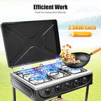 Gas Stove 5 Burner, 2500W Portable Natural Gas Stove Outdoor Camping BBQ Stove Gas Cooker with Independent Control and 2 Tier Storage Rack for Camping Picnic Home RV Cooking (Black)