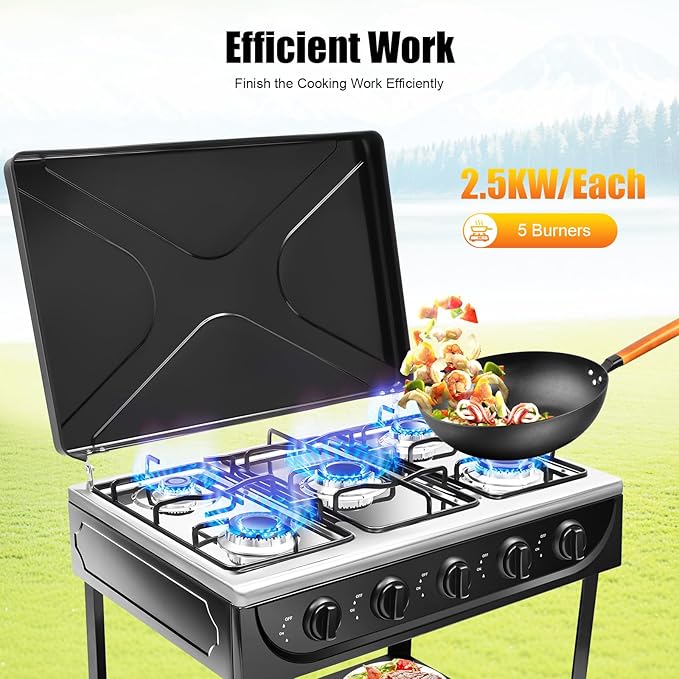 Gas Stove Outdoor Camping Stove, Portable 5-Burner Propane Stove Stand, Freestanding Rectangular Gas Cooktop, Cooking Stove for Rv Apartment Outdoor