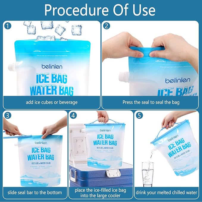 6 Pack Reusable Ice Bags for Cooler 5lb Cooler Ice Cube Bag with Sealed Sliding Handle, Long Lasting Cold Dry Freezer Packs Leakproof Ice Bag for Camping, Hiking, Fishing and Drinks(11 x 14)