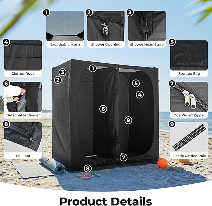 EighteenTek® Shower Tent Camping, 2-Room Portable Changing Room, Outdoor Shower Enclosure, Pop Up Privacy Tent Shelter with Floor & Doors, Waterproof & Lightweight, Camping Toilet Bathroom