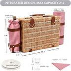 Picnic Basket with Blanket and Wine Pouch for 2, Wicker Picnic Set with Insulated Liner Cooler Bag Hamper for Camping,Wedding - Red Gingham