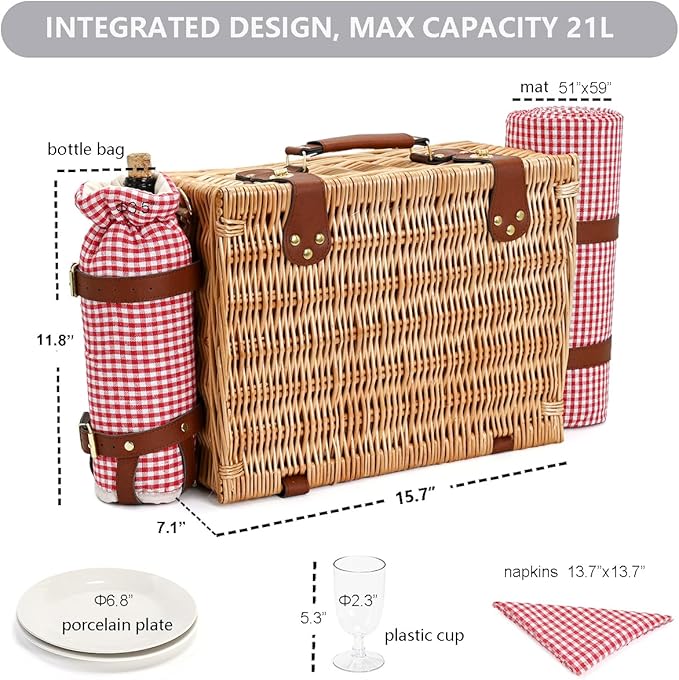Picnic Basket with Blanket and Wine Pouch for 2, Wicker Picnic Set with Insulated Liner Cooler Bag Hamper for Camping,Wedding - Red Gingham