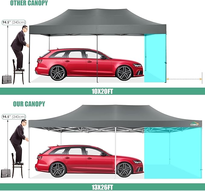 COBIZI 13x26 Pop Up Canopy Heavy Duty Canopy with Removable Sidewalls Party Tent Outdoor Wedding Large Event Tent with Roller Bag for Garden Lawn Waterproof UPF 50+ Easy Up, Gray (Framework Upgraded)
