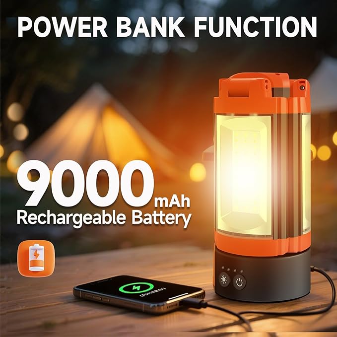 Rechargeable Camping Light with Adjustable Stand, 9000mAh Cordless Work Light with 3 LED Lamp Heads, 2200 Lumens Camping Essentials Gear Emergency Flashlight with Detachable Tripod