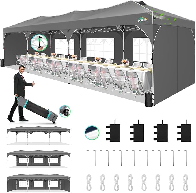COBIZI 10x30 Pop Up Canopy Tent, Outdoor Party Tent with 5 Sidewalls, 1 Person Easy Set up, Tents for Parties with Fluorescent Strip & 4 Sandbags, Waterproof UPF50+, 3 Adjustable Height, Gray